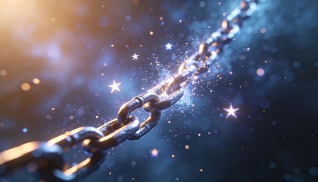 Glowing steel chain connecting with sparkling cosmic particles, macro diagonal composition