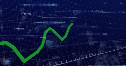 Green Upward Trend Line on Futuristic Blue Grid Dashboard for Financial Data Visualization