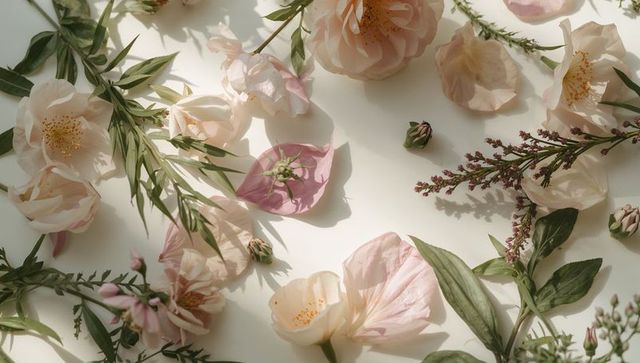Pale pink cream blooms scattering on white table casting soft petal shadows creating calm