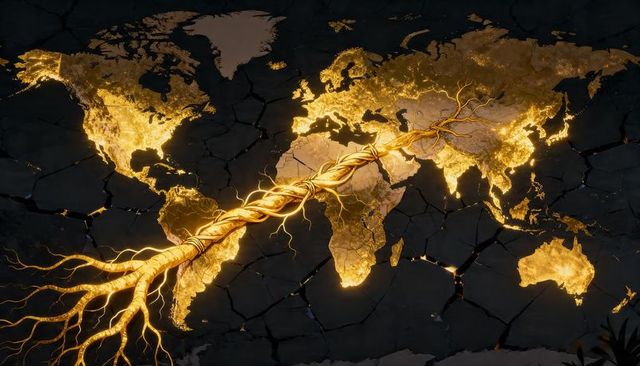 Braided golden root connecting continents over glowing cracked world map energy network