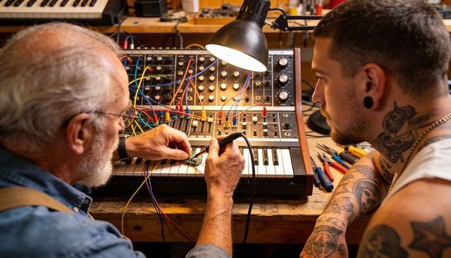 Soldering Analog Synth Circuit While Mentor Teaching Tattooed Apprentice in Workshop Lab