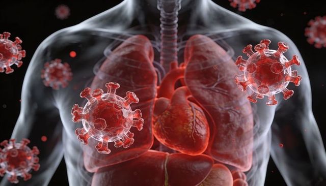 Transparent torso revealing lungs and heart with coronavirus particles, medical 3d render