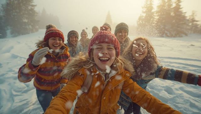 Joyful group taking snow-filled selfie during winter adventure