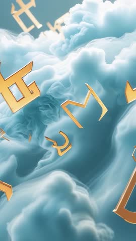 Vertical looping video of golden geometric symbols rotating through serene blue cloudscape