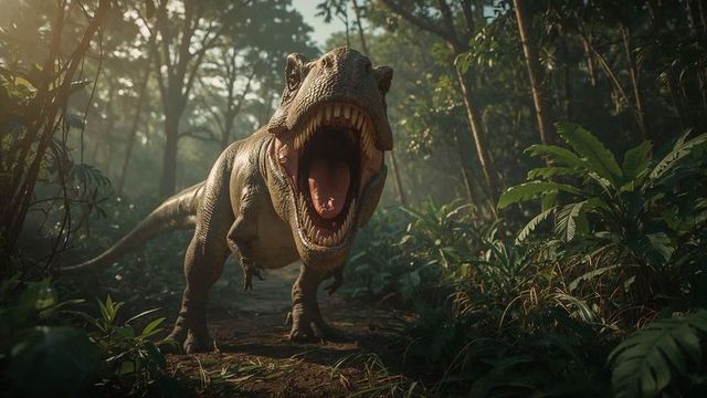 Roaring tyrannosaurus rex in lush tropical forest