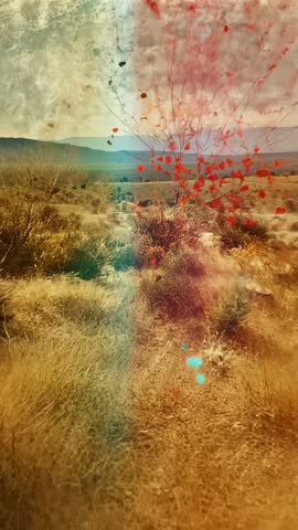 Vertical Desert Camera Glide Revealing Lone Shrub with Red Petals and Turquoise Light