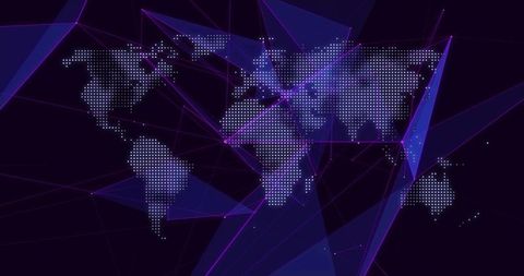 Dotted world map connecting neon network lines and geometric triangles on indigo backdrop