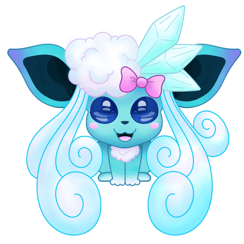 Whimsical icy creature with aqua fur and pink bow on transparent background