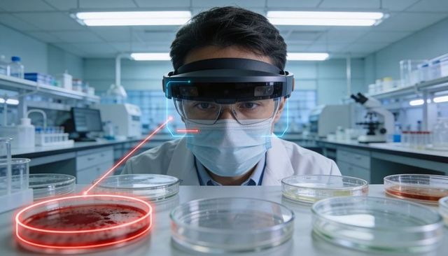 Scientist wearing AR headset examining bacterial cultures in petri dishes in high-tech lab