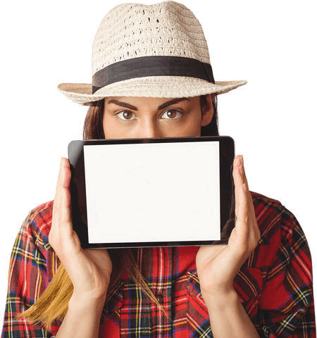 Mysterious woman hiding behind tablet with transparent white screen