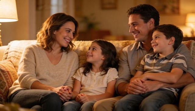 Family sharing cozy evening on couch, parents smiling with son and daughter