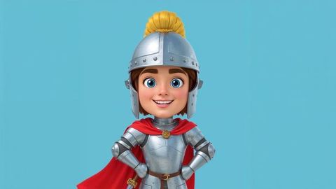Female medieval knight in shining armor with red cape on blue background