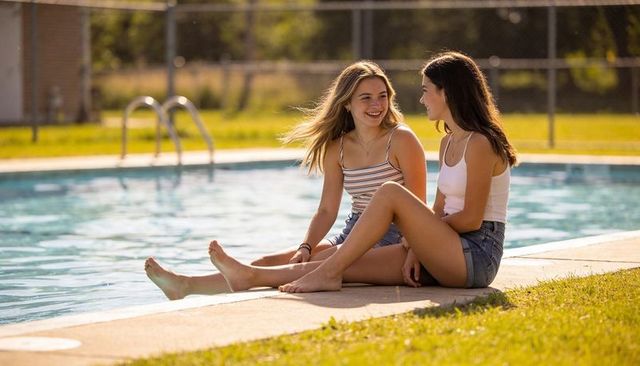 Teenage friends laughing and dipping feet at poolside on sunny summer day
