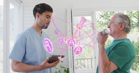 Home care clinician monitoring senior exercising with telehealth hologram and tablet