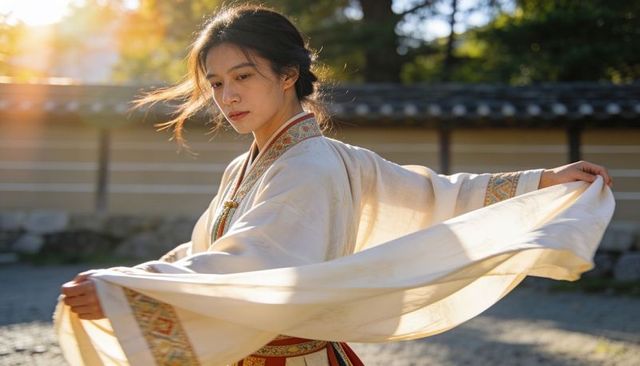 Asian woman twirling embroidered robe in golden hour courtyard | traditional sash backlit