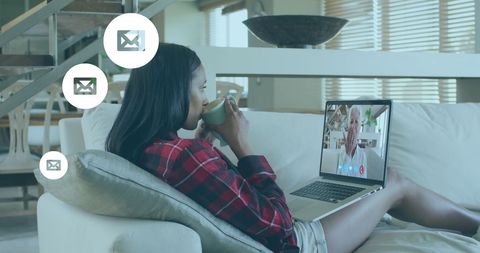 Digital communication from home with virtual call chat icons