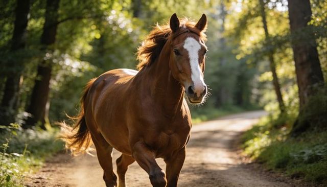 Chestnut horse galloping along sunlit woodland trail with white blaze and flying mane