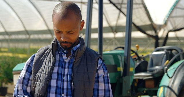 African American businessman looking at smartphone in greenhouse. He has short black hair, beard, wearing vest and plaid shirt