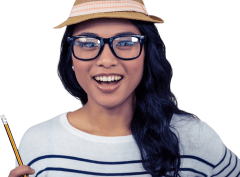 Cheerful Asian Woman with Pencil and Transparent Background