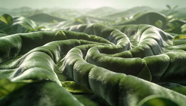 Macro velvet moss landscape with plush green folds, dew highlights and soft morning light