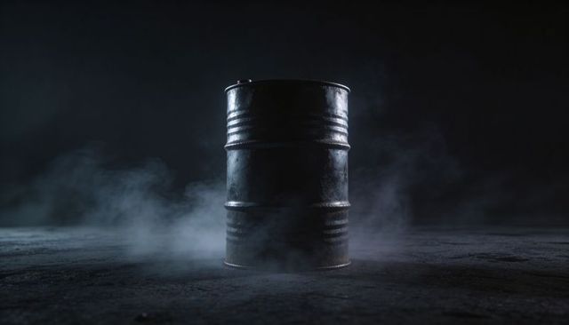 Sitting Rusty Steel Barrel on Foggy Concrete with Cinematic Blue and Warm Rim Light