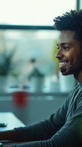 Vertical video: Customer service agent speaking on headset in modern office smiling warmly