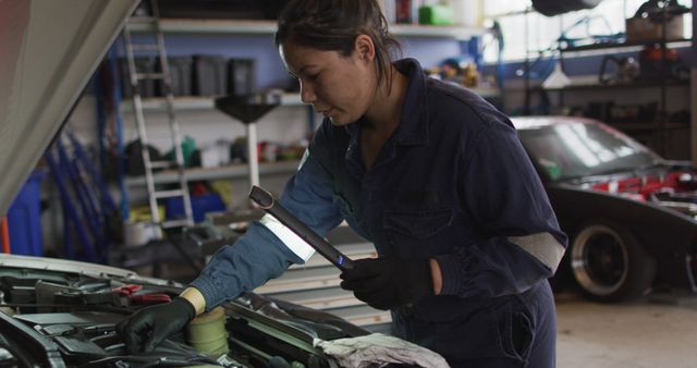 Female mechanic using a led lamp and repairing a car at a car service station. automobile repair service