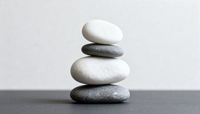 Zen balance stack of smooth white and gray pebbles on minimalist matte surface for spa