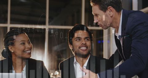 Diverse Professionals Discussing Financial Strategies with Graph Overlay