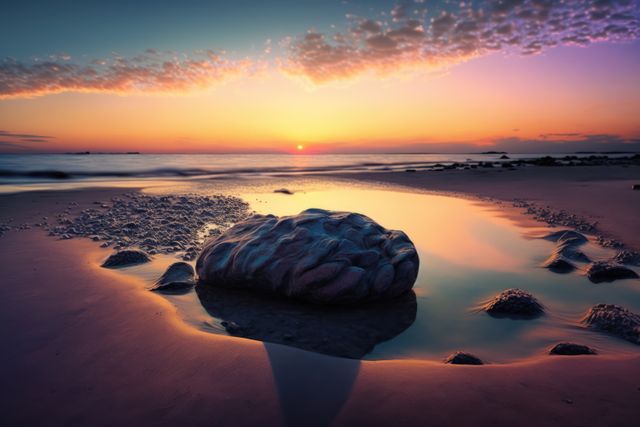 Landscape of beach with rocks over sea, blue sky and sunset, created using generative ai technology - Download Free Stock Photos Pikwizard.com