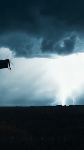 Dark storm cloud unleashing lightning strikes over open plain with windsock fluttering