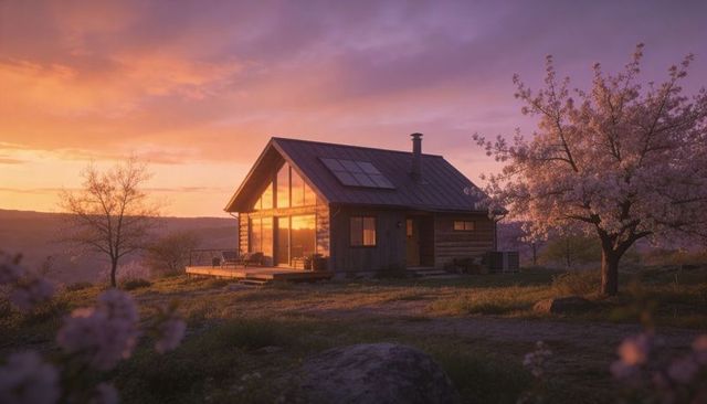 Rustic wooden cabin reflecting golden sunset on hilltop with solar panels and deck