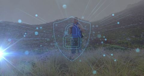 Man Exploring Mountains with Digital Security Overlay