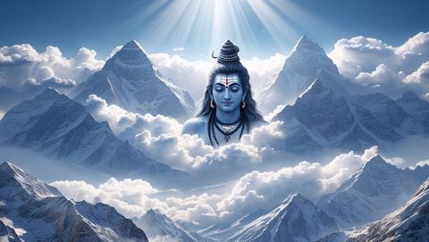Majestic blue-skinned deity amongst snowy mountain peaks
