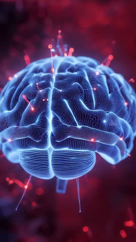 Rotating 3D Brain Visualization Showing Pulsing Neural Nodes and Luminescent Cortex