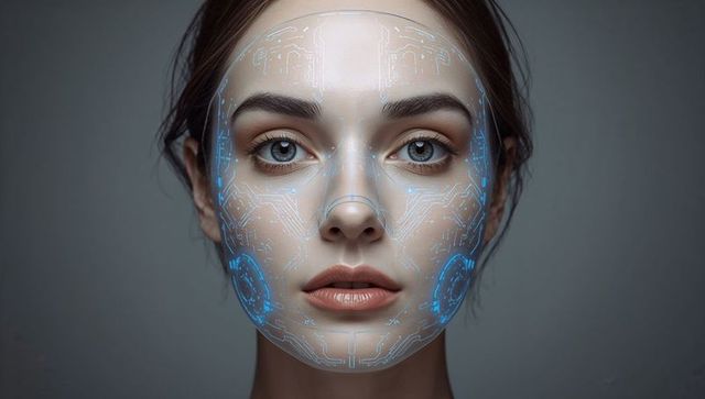 Young woman displaying blue biometric facial circuit overlay, ai identity security concept