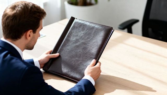 Executive reviewing leather folio at wood desk with clean workspace and office chair