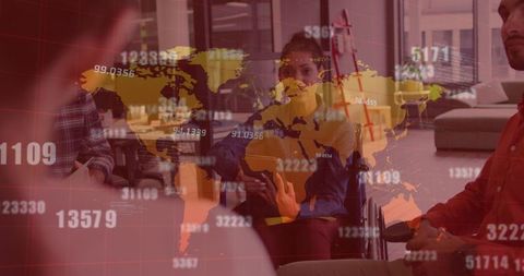 Businesswoman in Wheelchair with Virtual World Map Overlay in Office