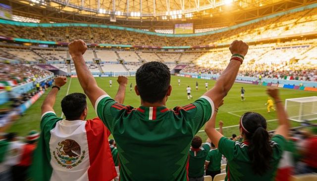 Hispanic fan cheering with raised fists wearing mexico jersey and flag in stadium crowd