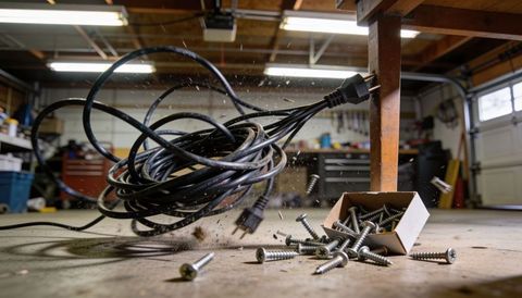 Swinging extension cord tossing screws across workshop floor, chaotic garage motion action