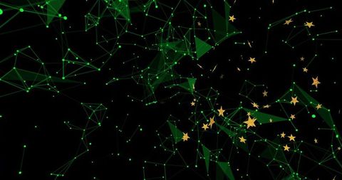 Glowing Emerald Network Forming Triangular Mesh with Floating Golden Stars in Dark Void