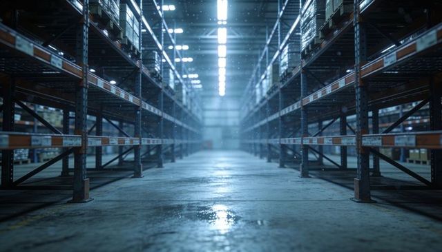 Empty warehouse aisle receding to light in fulfillment center with pallet racking