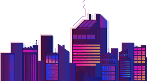 Futuristic neon cityscape against transparent background