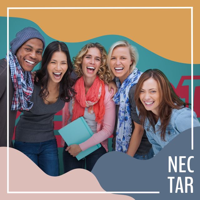 Group of diverse friends standing close and laughing together against an abstract colorful background. They are casually dressed, including scarves, showcasing happiness and strong social bonds. This can be used for ads promoting friendship, social gatherings, inclusivity, and community.