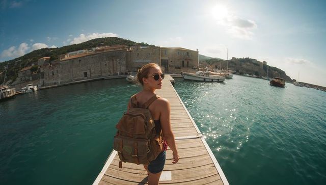 Backpacker walking on sunlit mediterranean pier with turquoise harbor and boats