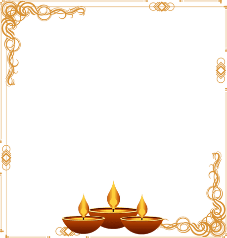 Elegant diwali celebrative diyas with ornate golden frame on transparent background