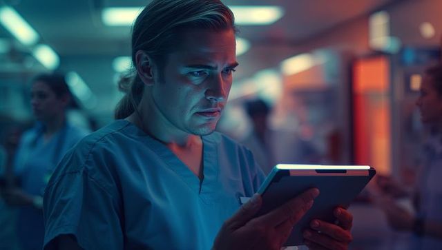 Focused Healthcare Professional Reviewing Tablet in Glow of Modern Hospital