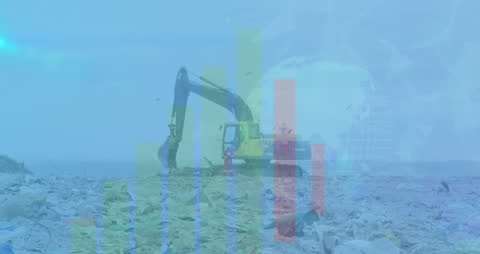 Excavator at Rubbish Dump with Data Overlay for Environmental Concept