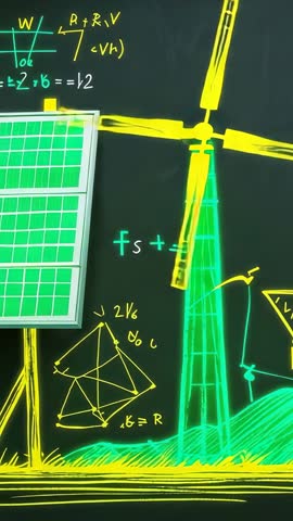 Vertical video showing chalkboard renewable energy sketch rotating wind turbine and solar panel