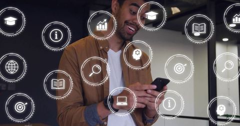 Professional holding smartphone interacting with floating education and analytics icons